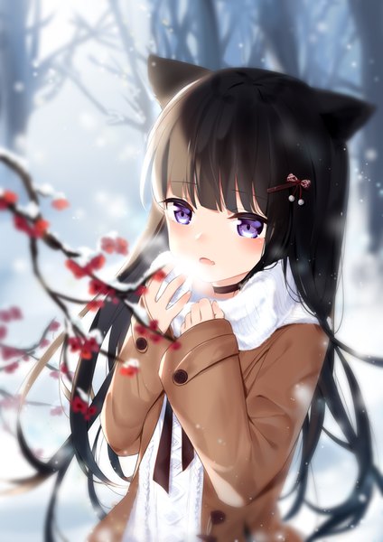 Anime picture 2480x3508 with original fufumi single long hair tall image blush fringe highres open mouth black hair standing purple eyes animal ears looking away outdoors blunt bangs long sleeves blurry cat ears open clothes