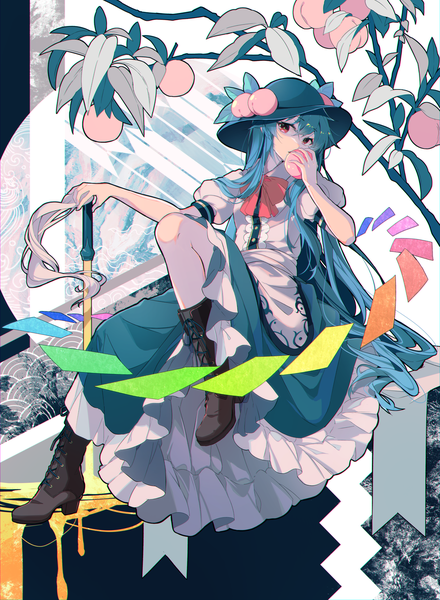Anime picture 2080x2839 with touhou scarlet weather rhapsody hinanawi tenshi kyusoukyu single long hair tall image looking at viewer fringe highres hair between eyes red eyes blue hair full body puffy sleeves eating seigaiha girl weapon hat