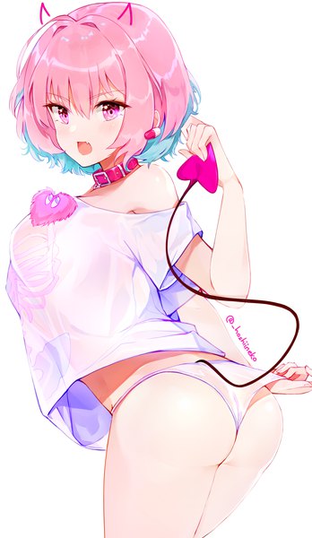 Anime picture 1452x2500 with idolmaster idolmaster cinderella girls yumemi riamu hoshiineko single tall image looking at viewer blush fringe short hair breasts open mouth light erotic simple background hair between eyes white background holding signed pink hair ass