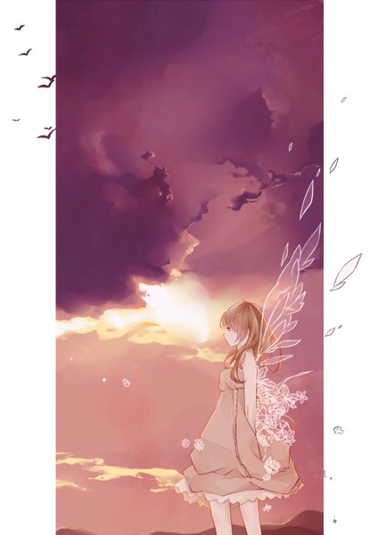 Anime picture 2480x3507 with sekiyu single long hair tall image highres blonde hair standing brown eyes sky cloud (clouds) profile girl dress flower (flowers) animal wings bird (birds)
