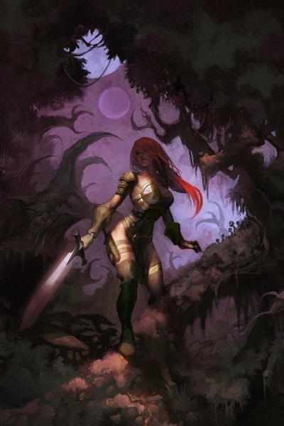 Anime picture 920x1380 with black god's kiss arnistotle single long hair tall image breasts looking away red hair lips black eyes girl weapon plant (plants) sword tree (trees) armor forest dagger