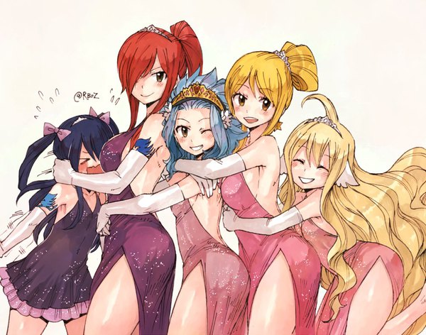 Anime picture 1000x787 with fairy tail lucy heartfilia erza scarlet wendy marvell mavis vermillion levy mcgarden rusky long hair looking at viewer blush fringe short hair breasts open mouth light erotic blonde hair simple background smile hair between eyes twintails