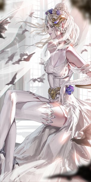Anime picture 2000x4000 with overwatch blizzard entertainment widowmaker (overwatch) ghost bride widowmaker liang xing single long hair tall image highres breasts light erotic sitting bare shoulders looking away white hair indoors braid (braids) parted lips realistic armpit (armpits)