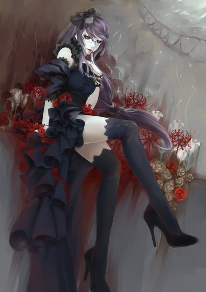 Anime picture 1447x2047 with tokyo ghoul studio pierrot kamishiro rize bzerox single long hair tall image red eyes purple hair legs pale skin black sclera girl thighhighs dress flower (flowers) black thighhighs glasses frills black dress