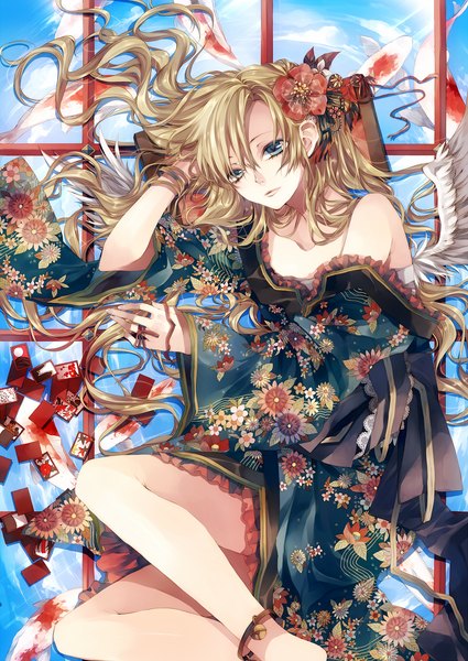 Anime picture 964x1361 with original tsukioka tsukiho single long hair tall image blue eyes blonde hair bare shoulders sky cloud (clouds) bent knee (knees) traditional clothes japanese clothes hair flower bare legs no shoes arm behind head angel wings girl hair ornament