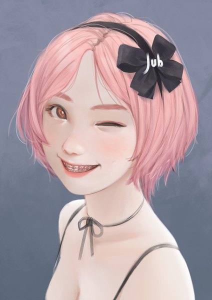 Anime picture 2480x3508 with original lika (jubi) jubi (regiana) single tall image looking at viewer highres short hair smile bare shoulders brown eyes signed pink hair one eye closed realistic grey background symbol-shaped pupils portrait heart-shaped pupils girl
