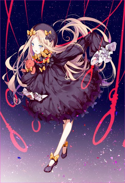 Anime picture 787x1150 with fate (series) fate/grand order abigail williams (fate) kinokohime single tall image looking at viewer blue eyes blonde hair full body long sleeves very long hair outstretched arm girl dress bow hair bow hat black dress toy