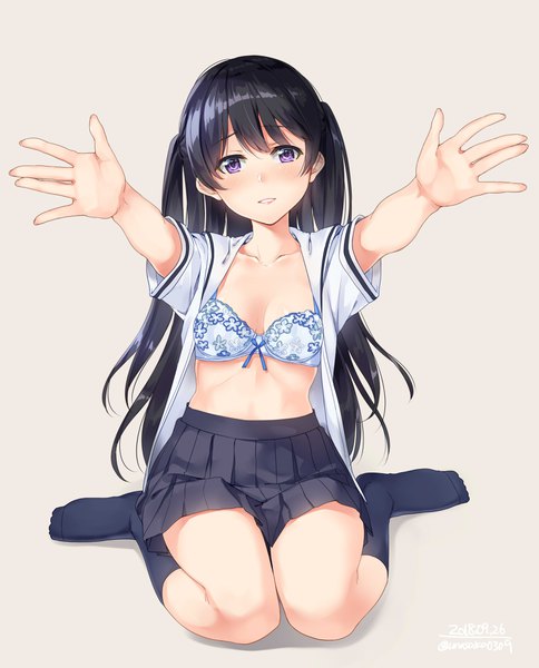 Anime picture 3303x4092 with original unasaka ryou single long hair tall image looking at viewer blush fringe highres breasts light erotic black hair simple background hair between eyes sitting purple eyes absurdres cleavage full body pleated skirt