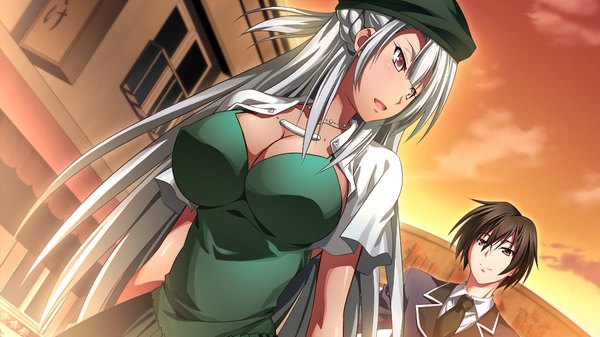 Anime picture 1024x576 with zero infinity long hair short hair breasts light erotic black hair wide image large breasts yellow eyes game cg white hair girl dress boy hat