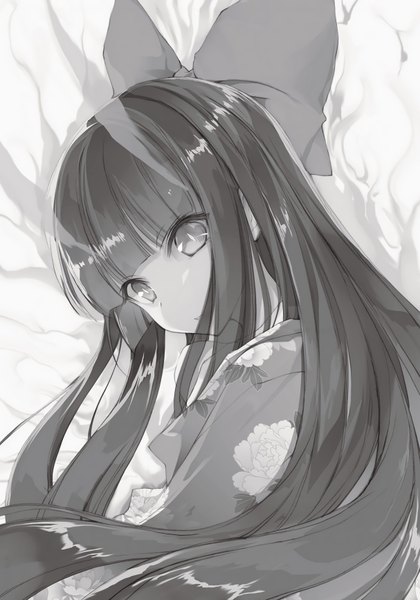 Anime picture 1214x1736 with rakudai kishi no cavalry saikyou nene won (az hybrid) single long hair tall image looking at viewer upper body traditional clothes head tilt japanese clothes horn (horns) official art floating hair floral print glowing monochrome slit pupils oni horns novel illustration