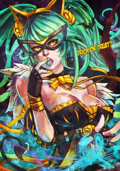 Anime picture 2476x3508 with league of legends sona buvelle monori rogue single long hair tall image highres breasts light erotic twintails yellow eyes tail nail polish fingernails green hair halloween demon tail trick or treat yellow nail polish girl