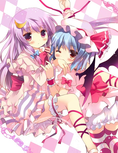Anime picture 2300x3000 with touhou remilia scarlet patchouli knowledge azumi kazuki long hair tall image blush highres short hair red eyes multiple girls blue hair purple hair one eye closed wink loli girl dress bow 2 girls