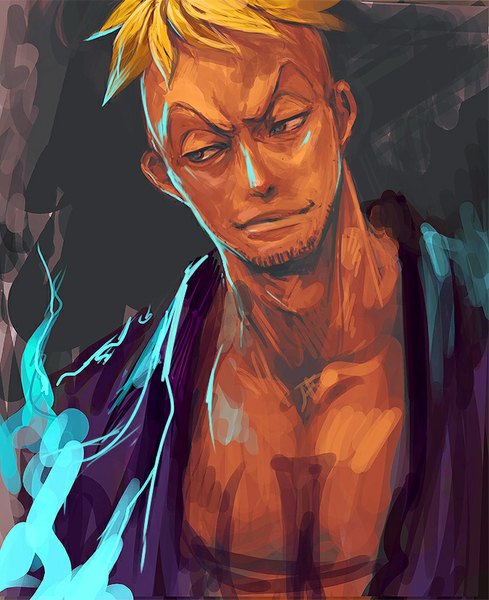 Anime picture 675x829 with one piece toei animation marco (one piece) tsuyomaru single tall image short hair blonde hair brown eyes looking away tattoo eyebrows boy flame beard
