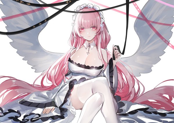 Anime picture 2455x1736 with azur lane perseus (azur lane) horz single long hair looking at viewer fringe highres breasts light erotic simple background large breasts white background sitting twintails pink hair cleavage blunt bangs parted lips pink eyes