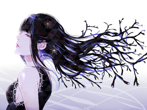 Anime picture 1577x1181 with original tsugumi (pixiv4979659) single long hair fringe blue eyes black hair simple background red eyes white background looking away upper body blunt bangs parted lips profile lipstick gradient background pink lipstick girl dress