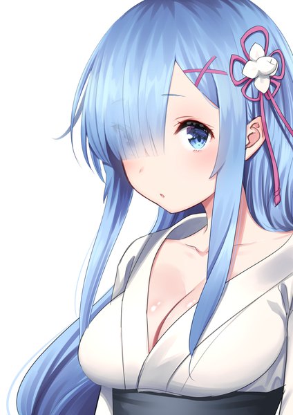 Anime picture 723x1023 with re:zero kara hajimeru isekai seikatsu white fox rem (re:zero) yasuyuki single long hair tall image blush fringe breasts blue eyes light erotic simple background large breasts white background payot blue hair cleavage upper body traditional clothes