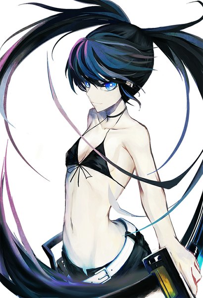 Anime picture 701x1024 with black rock shooter black rock shooter (character) mek single long hair tall image breasts blue eyes light erotic black hair simple background white background twintails holding pink hair multicolored hair midriff gradient hair girl navel