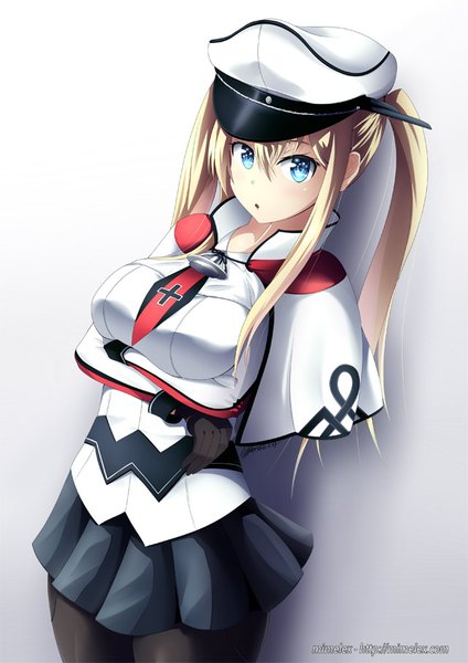 Anime picture 640x905 with kantai collection graf zeppelin (kantai collection) mimelex single long hair tall image looking at viewer blush fringe breasts open mouth blue eyes blonde hair simple background hair between eyes large breasts twintails signed :o gradient background