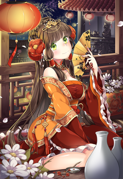 Anime picture 700x1016 with original yeni single long hair tall image looking at viewer blush brown hair green eyes traditional clothes hair flower light smile fireworks girl hair ornament flower (flowers) fan lantern