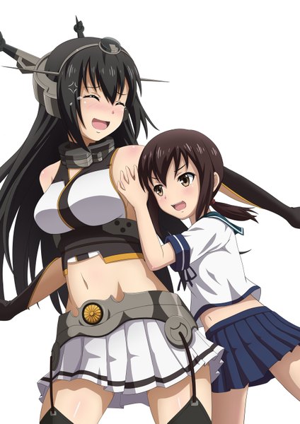 Anime picture 2274x3217 with kantai collection nagato battleship fubuki destroyer rere (pixiv id=2574696) long hair tall image blush fringe highres short hair breasts black hair brown hair large breasts bare shoulders multiple girls brown eyes ponytail eyes closed parted lips