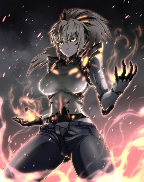 Anime picture 1500x1899 with one-punch man madhouse genos kurobuchi numama single long hair tall image fringe breasts hair between eyes large breasts standing yellow eyes looking away ponytail grey hair midriff sleeveless torn clothes glowing