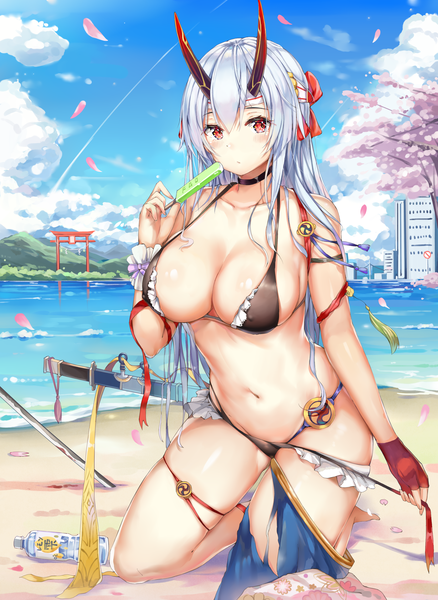 Anime picture 2104x2880 with fate (series) fate/grand order tomoe gozen (fate) kiriko (araragikoyomi) single long hair tall image looking at viewer blush fringe highres breasts light erotic hair between eyes red eyes large breasts bare shoulders holding sky cleavage