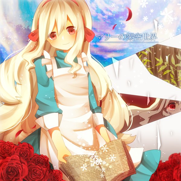 Anime picture 1000x1000 with kagerou project shaft (studio) mary (kagerou project) uichoco (artist) long hair looking at viewer blush red eyes white hair light smile tears girl dress flower (flowers) ribbon (ribbons) hair ribbon petals rose (roses) book (books) snowflake (snowflakes)