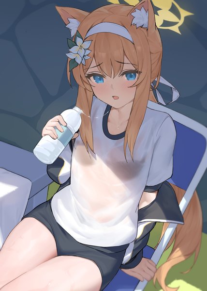 Anime picture 1181x1654 with blue archive mari (blue archive) mari (gym uniform) (blue archive) s.w single long hair tall image fringe blue eyes light erotic hair between eyes sitting animal ears hair flower orange hair arm support official alternate costume low ponytail wet clothes saliva