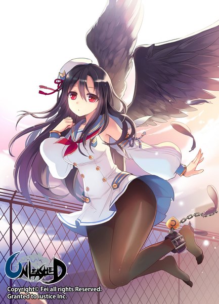 Anime picture 800x1108 with unleashed fei (pixiv) single long hair tall image looking at viewer black hair red eyes girl uniform pantyhose wings serafuku black pantyhose feather (feathers) beret