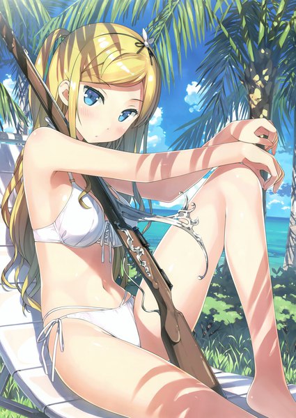 Anime picture 4182x5901 with marchen madchen agathe arier kantoku single long hair tall image looking at viewer blush highres blue eyes light erotic blonde hair sitting absurdres sky cloud (clouds) bent knee (knees) outdoors head tilt sunlight