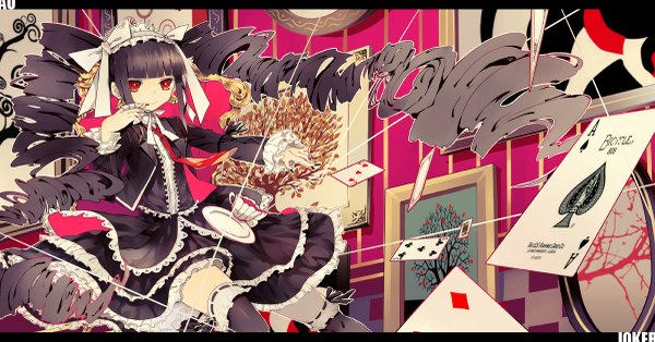 Anime picture 1200x629 with dangan ronpa celestia ludenberg utm single black hair smile red eyes brown hair wide image twintails very long hair nail polish drill hair letterboxed girl thighhighs dress hair ornament bow ribbon (ribbons)