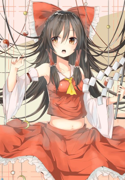 Anime picture 1000x1442 with touhou hakurei reimu la-na single long hair tall image fringe open mouth brown hair brown eyes looking away traditional clothes girl skirt navel hair ornament bow hair bow detached sleeves pendant