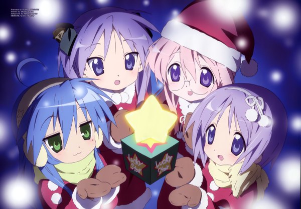 Anime picture 5025x3509 with lucky star kyoto animation izumi konata hiiragi kagami hiiragi tsukasa takara miyuki tagme (artist) long hair blush highres short hair open mouth twintails purple eyes multiple girls green eyes blue hair pink hair purple hair christmas