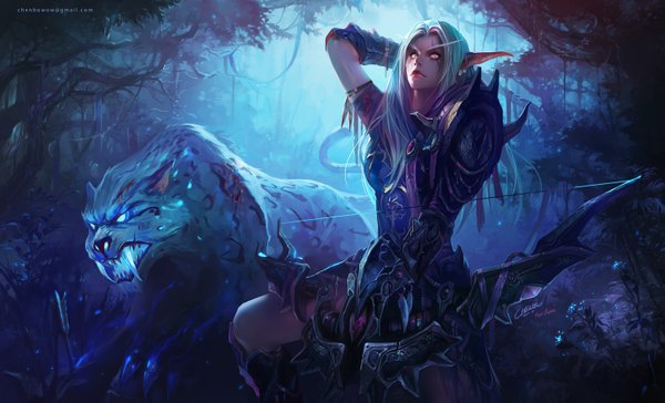 Anime picture 1500x911 with world of warcraft blizzard entertainment night elf chenbo long hair wide image white hair pointy ears realistic teeth fang (fangs) facial mark glowing elf archery girl weapon plant (plants) earrings animal