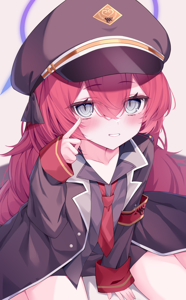 Anime picture 2529x4093 with blue archive iroha (blue archive) gou 213 single long hair tall image looking at viewer blush fringe highres smile hair between eyes sitting red hair grey eyes wariza girl necktie halo peaked cap