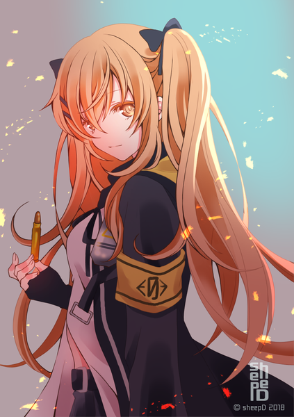 Anime picture 728x1032 with girls frontline ump9 (girls frontline) sheepd single long hair tall image looking at viewer fringe breasts simple background smile hair between eyes brown hair standing twintails holding brown eyes signed upper body long sleeves