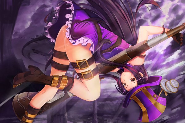 Anime picture 1975x1319 with league of legends caitlyn (league of legends) kaoru sakura single long hair looking at viewer highres light erotic brown eyes purple hair cloud (clouds) ass girl dress gloves weapon hat boots gun rifle