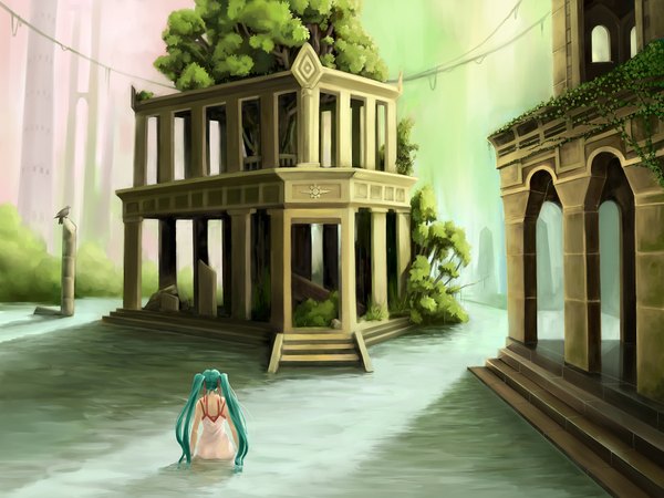 Anime picture 1600x1200 with vocaloid hatsune miku yoshikattyu single long hair twintails from behind aqua hair girl plant (plants) tree (trees) water building (buildings) sundress