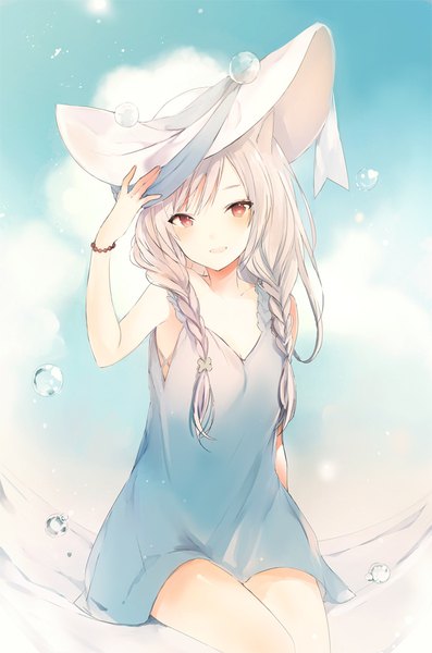 Anime picture 650x982 with original lpip single long hair tall image looking at viewer fringe red eyes sitting bare shoulders animal ears cleavage silver hair cloud (clouds) braid (braids) cat ears arm support twin braids adjusting hat girl