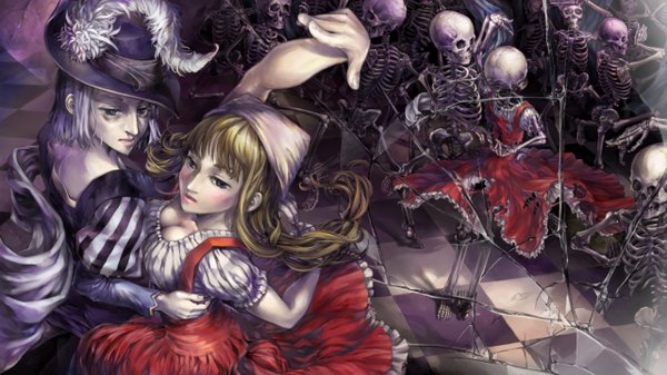 Anime picture 2560x1440 with dragon's crown vanillaware highres blonde hair wide image standing holding green eyes blue hair cleavage black eyes face to face skeleton dancing girl dress boy hat feather (feathers) skull