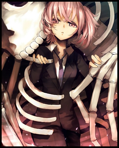 Anime picture 800x988 with inu x boku ss david production roromiya karuta ayatoki-1 single tall image looking at viewer fringe breasts open mouth pink hair pink eyes :o open collar skeleton girl shirt necktie white shirt suit