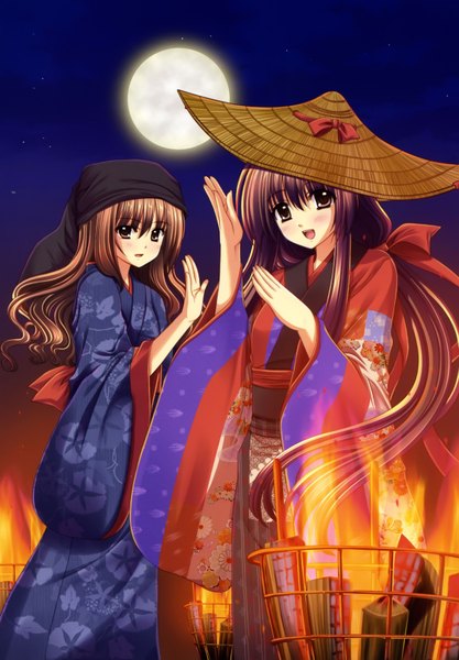 Anime picture 2411x3470 with nishimata aoi long hair tall image highres black hair brown hair multiple girls brown eyes absurdres japanese clothes black eyes girl 2 girls hat belt kimono moon fire