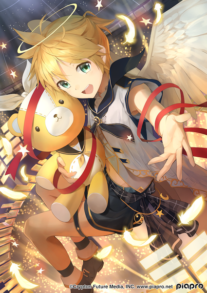 Anime picture 621x877 with vocaloid kagamine len cocolo (co co lo) single tall image looking at viewer blush fringe short hair open mouth blonde hair smile holding :d aqua eyes happy flying angel wings outstretched hand boy