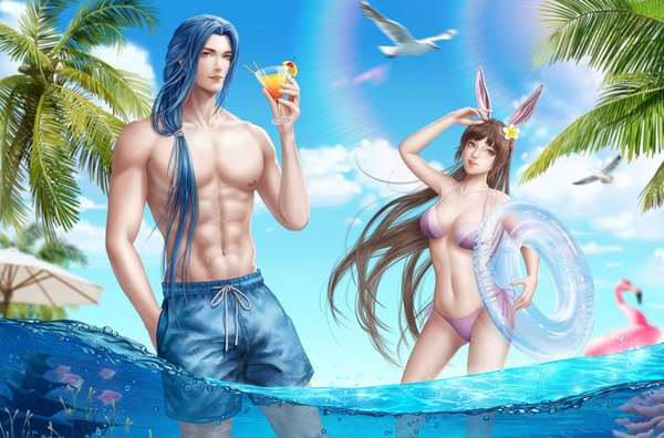 Anime picture 5320x3508 with douluo continent xiao wu tang san he ding hong guan bao long hair looking at viewer fringe highres open mouth blue eyes light erotic smile brown hair standing holding blue hair looking away absurdres sky cloud (clouds)