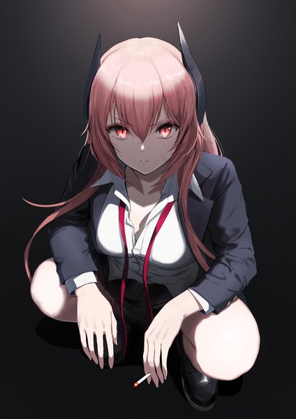 Anime picture 2480x3508 with girls frontline m4 sopmod ii (girls frontline) greem bang single long hair tall image looking at viewer fringe highres breasts simple background hair between eyes red eyes holding pink hair full body from above open clothes black background scar