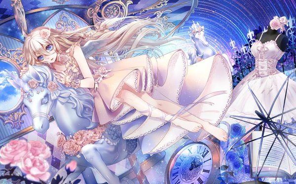 Anime picture 1606x1000 with vocaloid ia (vocaloid) sptuel single long hair looking at viewer fringe blue eyes blonde hair hair between eyes wide image signed full body ahoge braid (braids) barefoot hair flower dutch angle side braid reclining