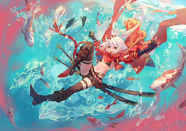 Anime picture 1528x1080 with original atdan long hair looking at viewer fringe open mouth light erotic smile brown eyes full body bent knee (knees) white hair ponytail pleated skirt happy spread arms underwater sheathed hair rings girl