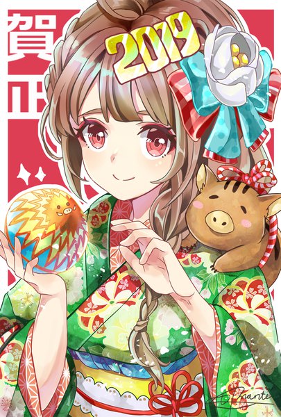 Anime picture 1378x2039 with original hachimitsu monte single long hair tall image looking at viewer smile red eyes brown hair holding signed upper body traditional clothes japanese clothes new year animal on shoulder 2019 girl hair ornament animal