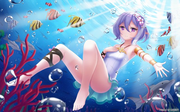 Anime picture 8000x5000 with princess connect! re:dive princess connect! kokkoro (princess connect!) muzent single looking at viewer fringe highres short hair light erotic smile hair between eyes purple eyes bare shoulders signed absurdres silver hair full body ahoge bent knee (knees)