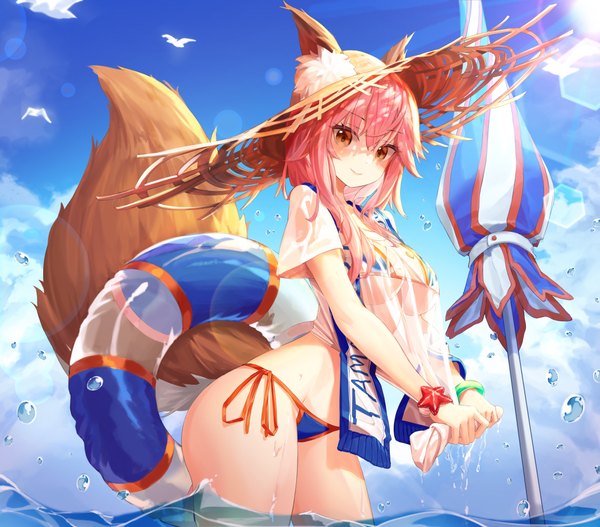 Anime picture 4500x3956 with fate (series) fate/grand order tamamo (fate) (all) tamamo no mae (swimsuit lancer) (fate) munseonghwa single long hair looking at viewer blush fringe highres breasts light erotic smile hair between eyes large breasts standing brown eyes payot pink hair